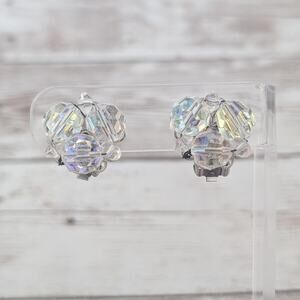 Vintage Clip On Earrings Iridescent Beaded 0.75" Stylish